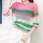 3/4-sleeve Striped Perforated Knit Top