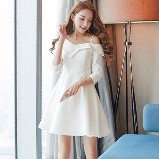 Plain Off Shoulder 3/4 Sleeve A-line Dress