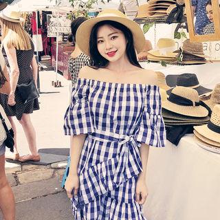 Off-shoulder Check Sundress