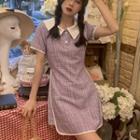 Short-sleeve Contrast Collared Check A-line Dress