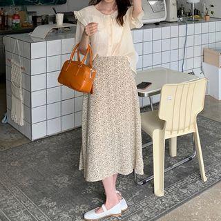 Plain Ruffle Trim Blouse / Floral Midi A-line Skirt