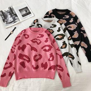 Color-block Leopard Crewneck Long-sleeve Sweater