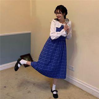 Peter Pan Collar Plaid Shirt / Plaid Pinafore Dress