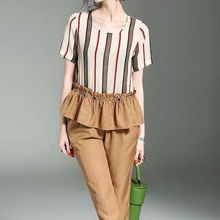 Set: Striped Short-sleeve Peplum Top + Cropped Pants