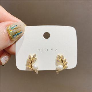 Rhinestone Leaf Stud Earring 1 Pair - As Shown In Figure - One Size