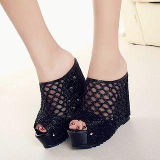 Glittered Peep Toe Wedge Slide Sandals