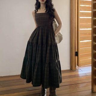 Wide Strap Plaid Shirred Midi A-line Dress