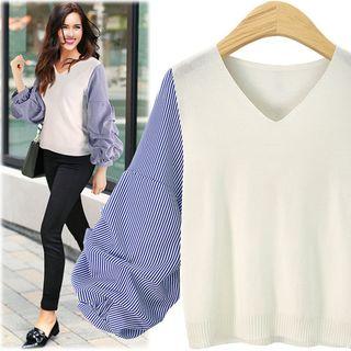 Striped Puff Sleeve Panel V-neck Top