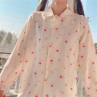 Floral Print Lace Trim Shirt Almond - One Size