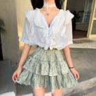 V-neck Ruffled Elbow-sleeve Blouse