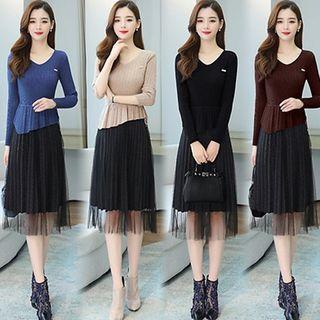 Mock Two-piece Asymmetrical Long-sleeve Lace Dress