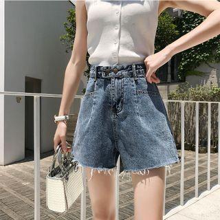 High Waist A-line Frayed Denim Shorts