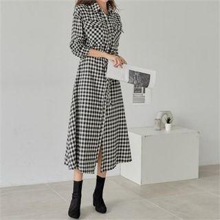 Drawstring-waist Gingham Dress