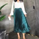 Double-breasted Blouse / Accordion Pleat Midi Skirt