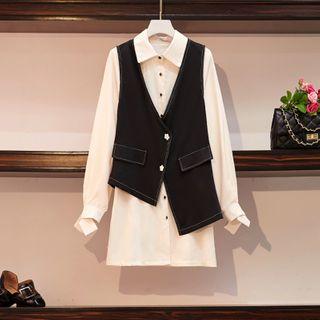 Set: Long-sleeve Mini A-line Shirt Dress + Button Vest