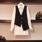 Set: Long-sleeve Mini A-line Shirt Dress + Button Vest