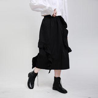 Plain Ruffle Trim Midi Skirt Black - One Size