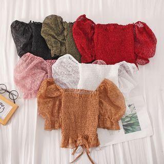 Puff-sleeve Off-shoulder Shirred Lace Crop Top