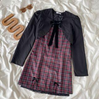 Spaghetti-strap Plaid Mini Sheath Dress / Cropped Blazer / Set