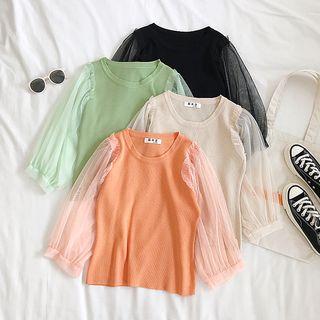 Mesh Panel Sleeve Round Neck Knit Top
