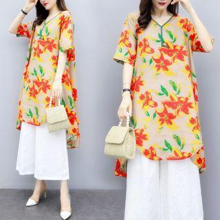 Set: Flower Print Elbow-sleeve Dress + Wide-leg Pants