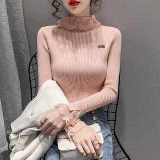 Mock-neck Lace Trim Rib Knit Top