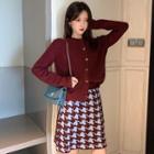 Button Cardigan / Mini Houndstooth Sheath Skirt