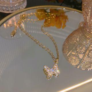 Rhinestone Butterfly Necklace 1 Pc - Rhinestone Butterfly Necklace - Gold - One Size