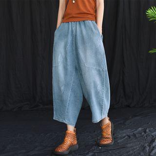 Cropped Wide-leg Denim Pants Blue - One Size
