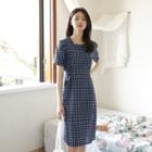 Square-neck Tie-waist Checked Dress