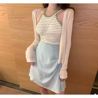 Plain Light Cardigan / Striped Halter Top / Check Skirt