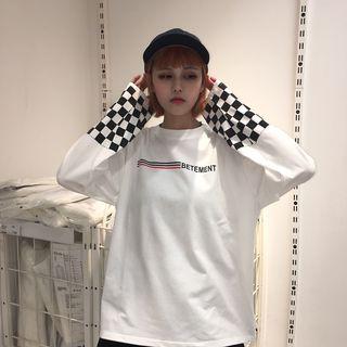 Long-sleeve Check Panel Lettering T-shirt White - One Size