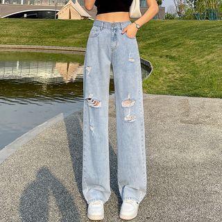 Mid Rise Washed Distressed Wide Leg Jeans (various Designs)