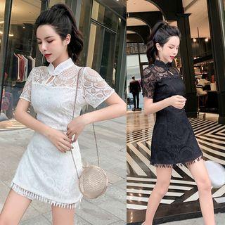 Set: Short-sleeve Lace Mini Dress + Shorts