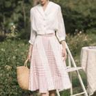 Set: V-neck 3/4-sleeve Blouse + Patterned A-line Skirt