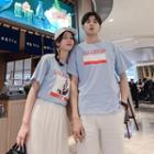 Couple Matching Short-sleeve Lettering T-shirt / Midi Mesh Skirt / Shorts