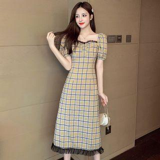 Puff-sleeve Plaid Panel Mesh Mermaid Dress