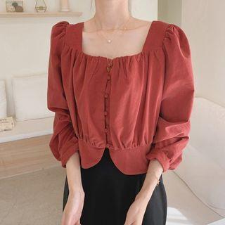 Plain Square-neck Long-sleeve Cropped Blouse