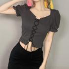 Puff-sleeve Lace-up T-shirt