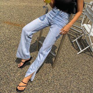 Washed Slit-side Wide-leg Jeans