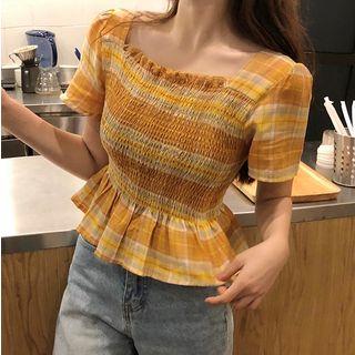 Plaid Short-sleeve Smocked Blouse Yellow - One Size