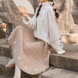 Flower Print Turtleneck Sweater / Midi Accordion Pleat Skirt
