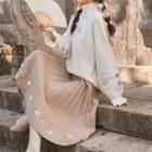 Flower Print Turtleneck Sweater / Midi Accordion Pleat Skirt