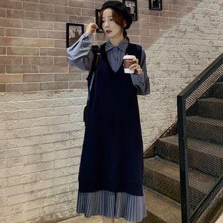 Long-sleeve Pleated-hem Midi Shirtdress / V-neck Long Sweater Vest