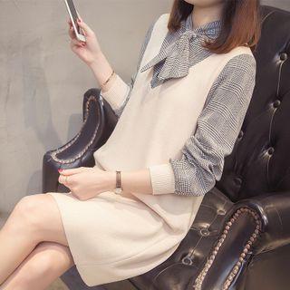 Mock Two-piece Long-sleeve Mock-tie Plaid Knit Midi Sheath Dress