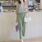 Set: Long-sleeve Floral Blouse + High-waist Plain Pants
