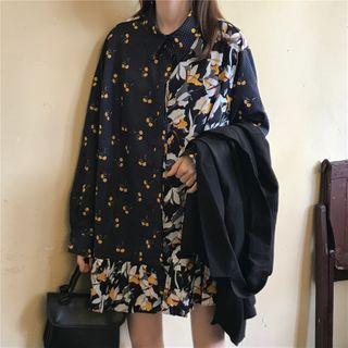 Plain Double-breasted Blazer / Flower Print Oversize Shirt