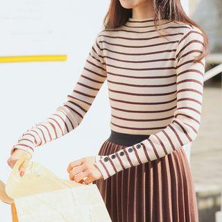Button Accent Stripe Long-sleeve Knit Top