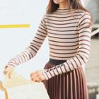 Button Accent Stripe Long-sleeve Knit Top