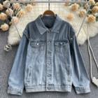 Long-sleeve Lapel Loose-fit Denim Jacket Blue - One Size